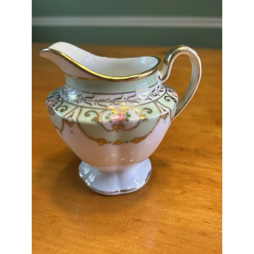 Cottagecore Hand Painted Porcelain Mini Creamer Floral Gold‎ Moriage Pink Green